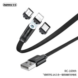 USB magnetický dátový kábel 3v1 MicroUSB + Apple Lightning + USB Typ C REMAX (RC-169th) čierny