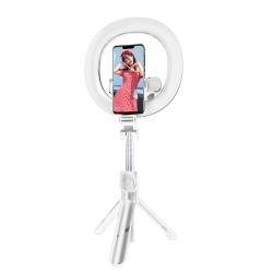 Selfie tyč s LED svietidlom, statívom a dialkovým ovládaním na BT SSTR-18 biela